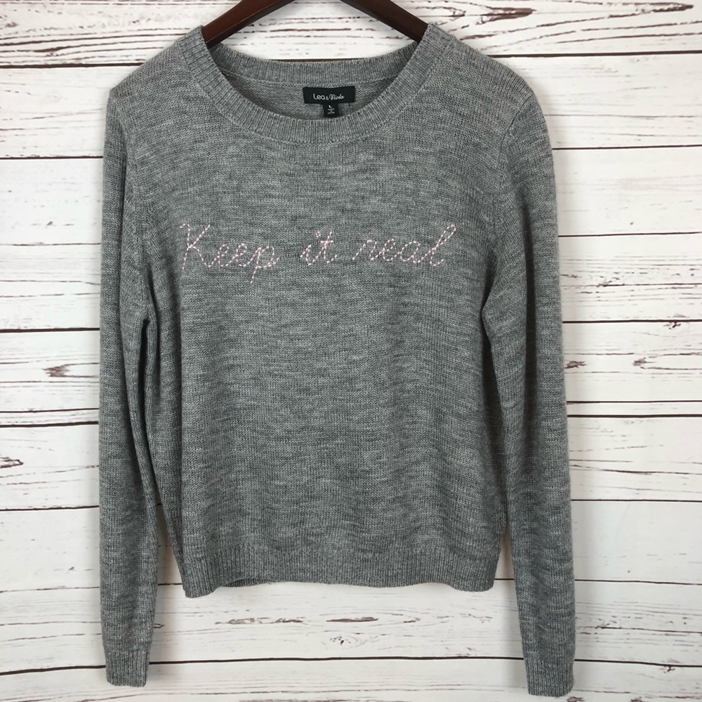{Anthro} Lea & Viola Gray Sweater “Keep it Real”